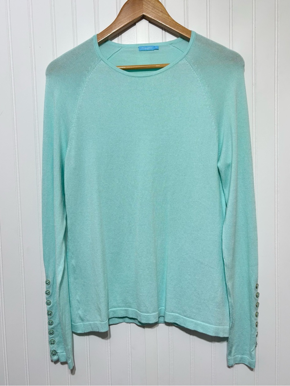 J.McLaughlin Jamey Sweater Aqua Button Sleeve Knit Top Medium Preppy - Picture 2 of 11
